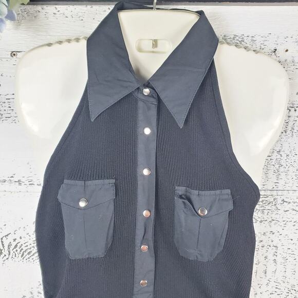 Vintage Cache Black Halter Ribbed Sleeveless Top Sz L Y2K Minimalist Grunge - Picture 2 of 8